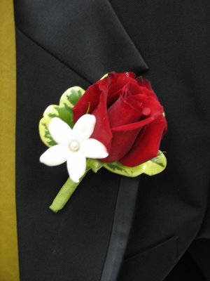 Groom 39s Boutonniere is simple yet elegant Red bows on the chair covers